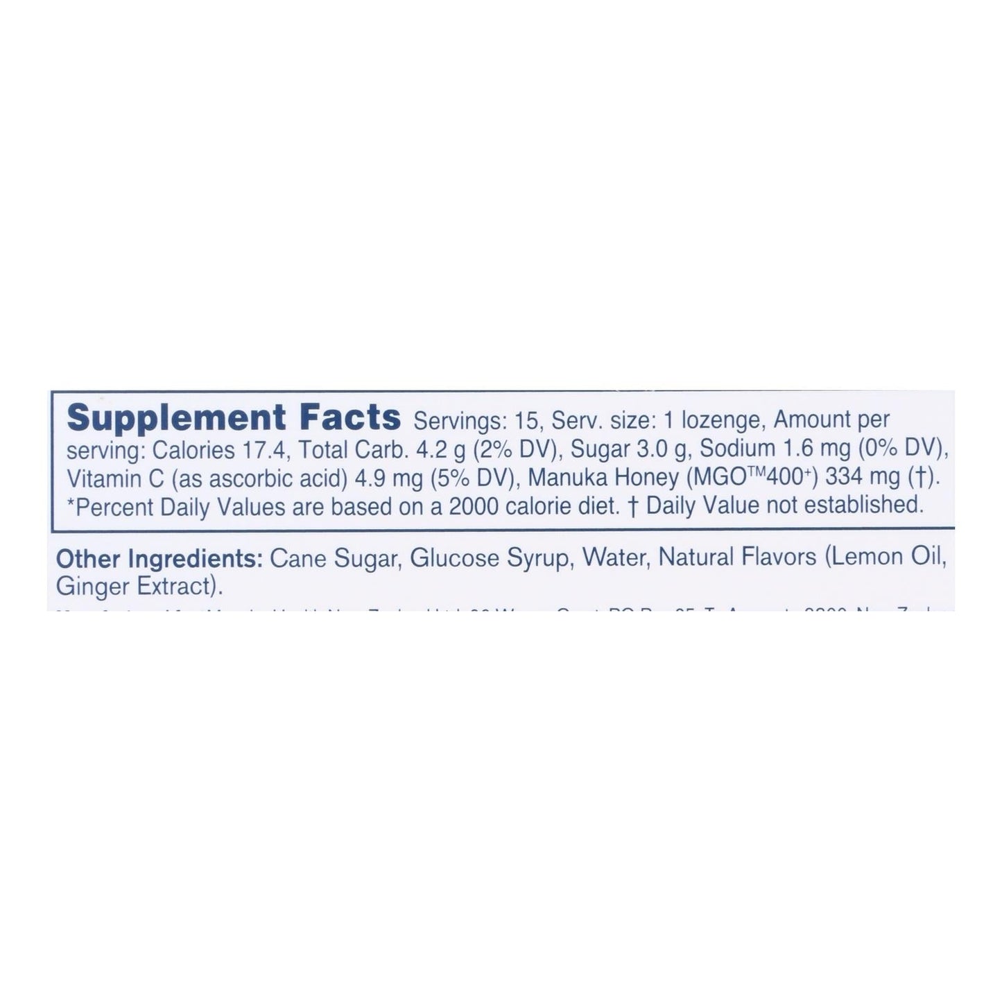 Manuka Health MGO 400+ Honey Lemon Ginger Lozenges 15 Ct