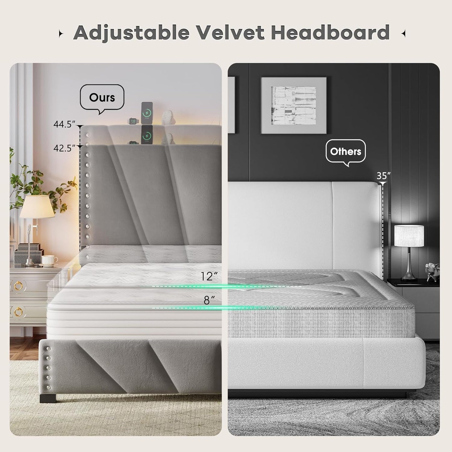 Queen Bed Frame, Velvet Bed Frame with Headboard and Led Light, Platform Bed Frame for Bedroom Apartment, Dorm, Noise-Free, Easy Assembly, Dark Gray