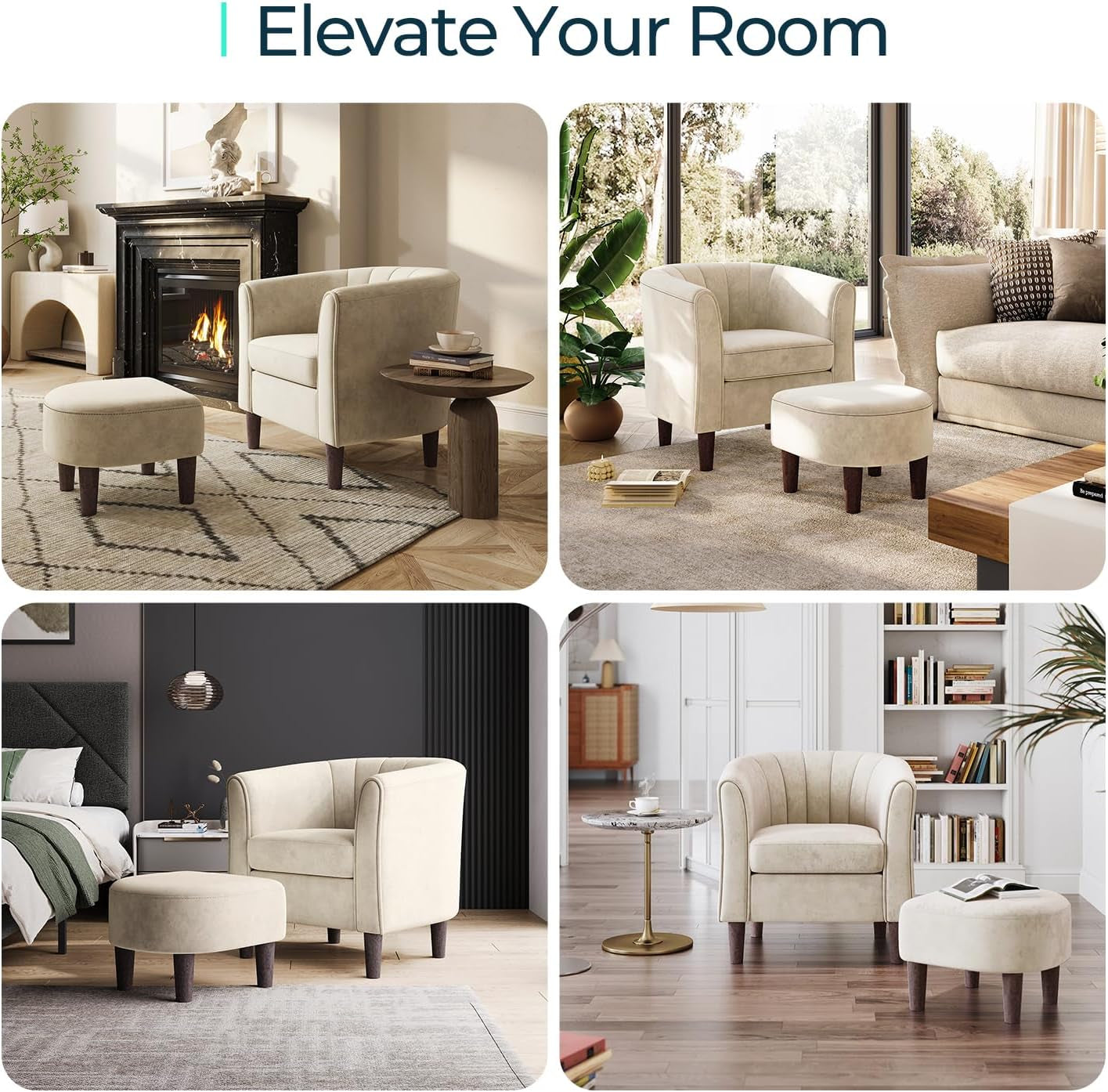 Accent Chair with Ottoman, Modern Armchair Comfy Barrel Reading Chair with Footrest for Living Room Bedroom Reading Room, Velvet, Beige
