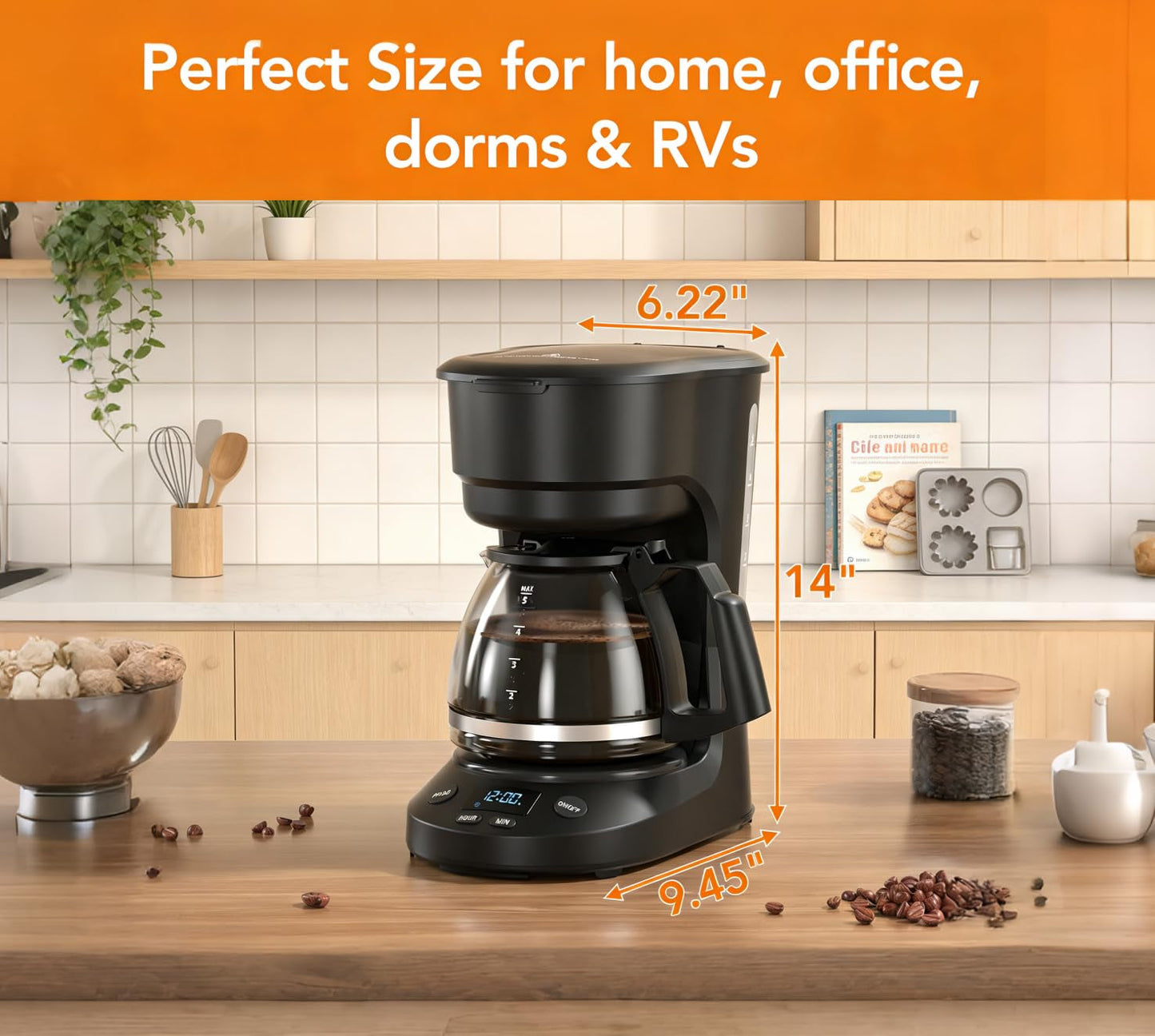 Compact 5-Cup Programmable Drip Coffee Maker — the Essential Coffee Machine with Digital Clock, 24-Hour Timer, Auto Shut-Off, and a Removable Filter Basket for Home & Office.