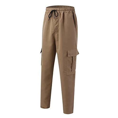 Men's Fashion Cargo Pants Solid Casual Drawstring Outdoor Hiking Pants Elastic Waisted Straight Leg Work Trousers with Pocket