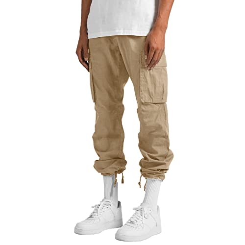 Mens Cargo Pants Drawstring Casual Straight Hiking Joggers Athletic Trousers Plus Size Cotton Loose Lightweight Sweatpants