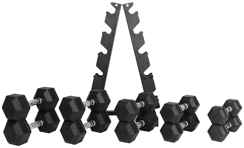 BalanceFrom Rubber Coated Hex Dumbbell Set with A-Frame Rack, Black – Solid Cast Iron Home Gym Weights with Chrome Handles...