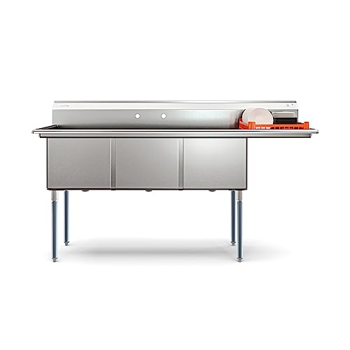 KoolMore 75 in. Three Compartment 18-Gauge Stainless-Steel NSF Commercial Kitchen Sink, Bowl Size 18x18x14, with Three Basins and Pre-Drilled Faucet Holes with a Right Drainboard (KM-SC181814-18R3)