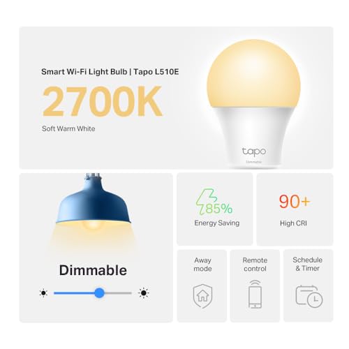 TP-Link Tapo Smart Light Bulbs, 800 Lumens (60W Equivalent), 2700K Soft Warm White LED Bulb, Dimmable, Compatible with Alexa and Google Home, No Hub Required, A19 E26, Tapo L510E (4-Pack)