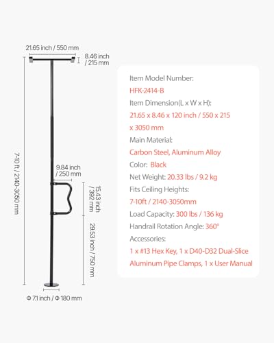 VEVOR Floor-to-Ceiling Transfer Pole, Tension Mounted Bathroom Grab Bar with Anti-Slip Curve Handle, 300 Lbs Capacity Secu...
