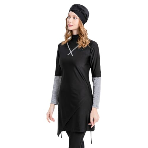 Women's Muslim Swimwear Long Sleeve Burkini Full Cover Swimsuit Hijab Rash Guard, 3pcs Set