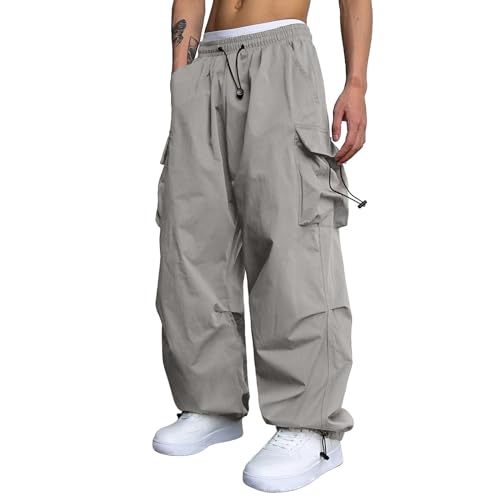 Men's Baggy Cargo Pants Y2K Drawstring Waist Trendy Casual Parachute Pants Athletic Loose Fit Joggers Trousers with Pockets