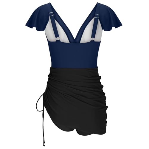 Swim Dress Skirt for Women Mesh Sheer V Neck Swimwear One Piece Ruffle Cap Sleeve Ruched Front Bathing Suit