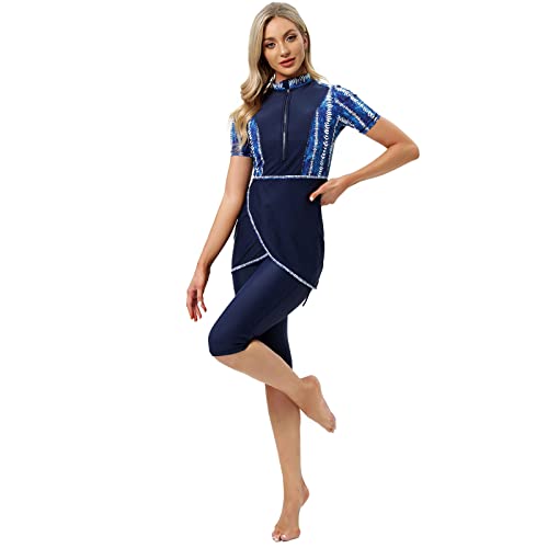 Women Burkini Swimsuits Modest Muslim Swimwear Islamic Short Sleeve Full Cover Hijab Top Swim Capris Pants Set