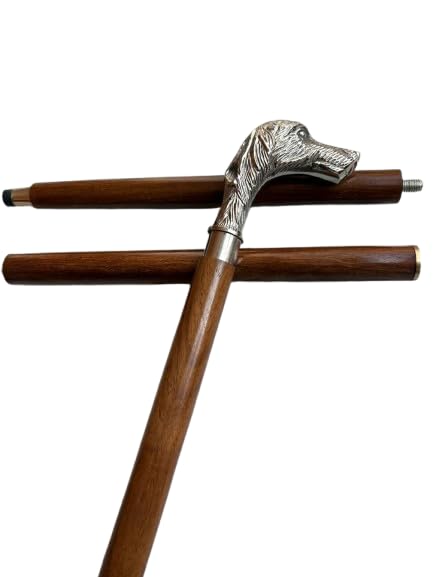 Vintage Dog Head Walking Stick/Cane - Handmade Wooden Foldable Walking Cane with Brass Handle - Brass Derby Designer Handl...