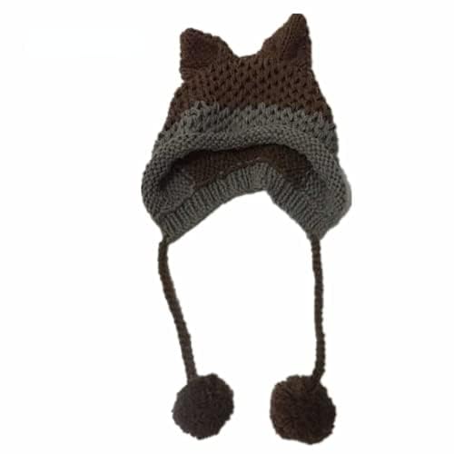 Cute Vintage Cat & Fox Slouchy Beanies for Women (Brown)