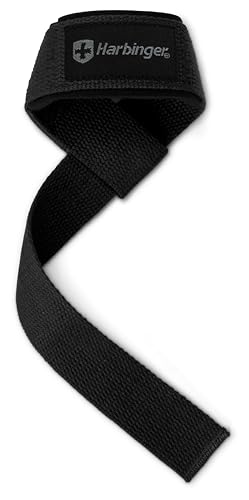 Harbinger Padded Cotton Lift Straps, Black - Soft, Supportive Neotek Wrist Pads - 21.5" Length, 1.5" Width - Reinforced Edges & Heavy-duty Stitching - Cushions Wrists for Lifting Support