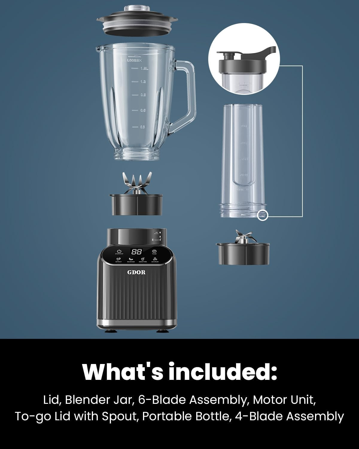 Professional Blender for Smoothies, 5 Functions, 1200 Peak Watts Smoothie Blender, 52 Oz Glass Jar & 24 Oz To-Go Cup Combo, Blenders for Smoothies, Ice and Frozen Fruit, Self-Cleaning, Gray