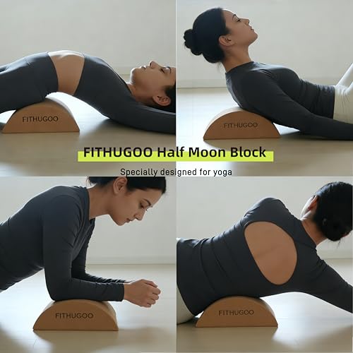 FITHUGOO 2 Pack Cork Yoga Block & Calf Stretching- Half Moon Recovery Block Improve Balance, Stability & Foot Mobility/Cal...