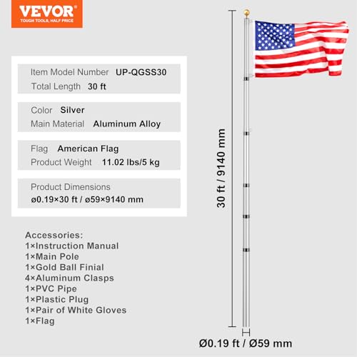 VEVOR 30FT Telescoping Flag Pole Kit, Heavy Duty Aluminum Alloy in Ground Flag Poles for Outside, 3 Display Modes Flagpole...
