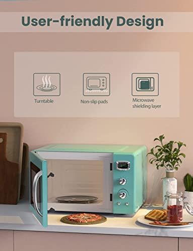 Retro Microwave Oven 0.9Cu.ft,900W Compact Countertop Microwave w/5 Micro Power & 8 Auto Cooking, Child Lock, Timer Setting & Glass Turntable, LED Display, Mint Green