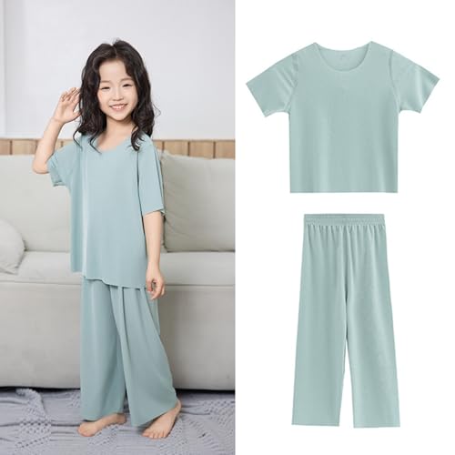 Girls 2 Piece Outfits Summer Cotton Soft T-Shirts Long Pants Set Teen Kids Solid Short Sleeve Shirts Tops Clothes