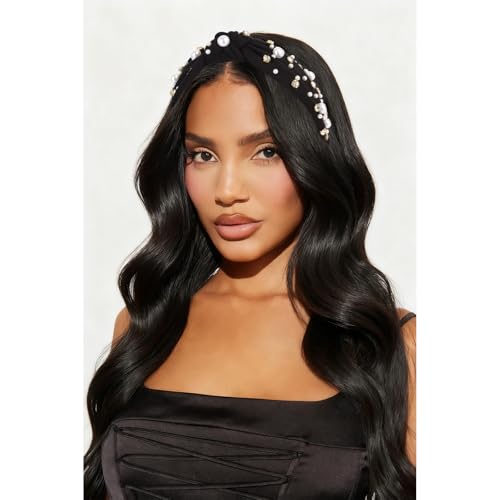 Brimekichio Black Headband for Women Girls Pearl Knotted Headband Clear Rhinestone Head Band Black Hair Accessories Women