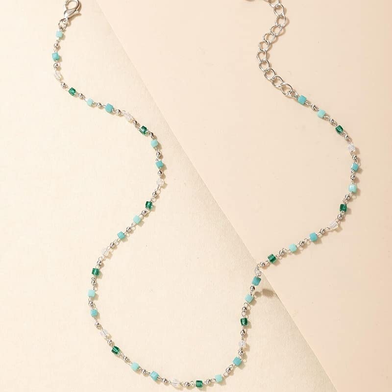 FUTIMELY Bohemia Green Beaded Beads Choker Necklace for Women,Simple Fresh Silver Beaded Square Round Bead Choker Necklace Fashi