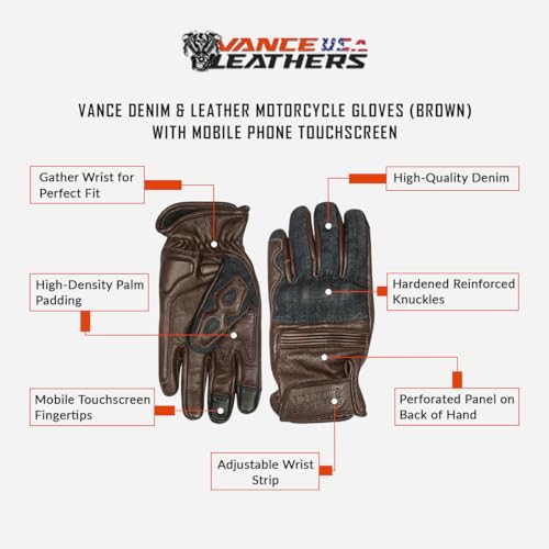 Vance Leather USA Denim & Leather Motorcycle Gloves with Touchscreen Compatibility, Breathable Riding Gloves