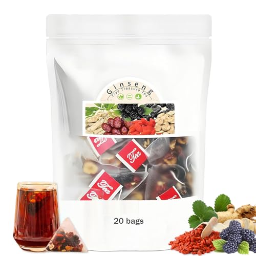 Ginseng Five Treasures Tea Kidney Tea Ginseng & Mulberry Herbal Teas Kidney Cleanse Detox Beverage for Women & Men Nnatural Ingredients Sweet Taste and Aroma 20bags