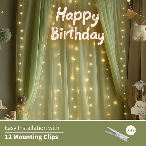 EaziCozi Sage Green Tulle Backdrop Curtain with Lights String - 10x10ft Sheer Backdrop with 300 LEDs for Wedding, Baby Sho...