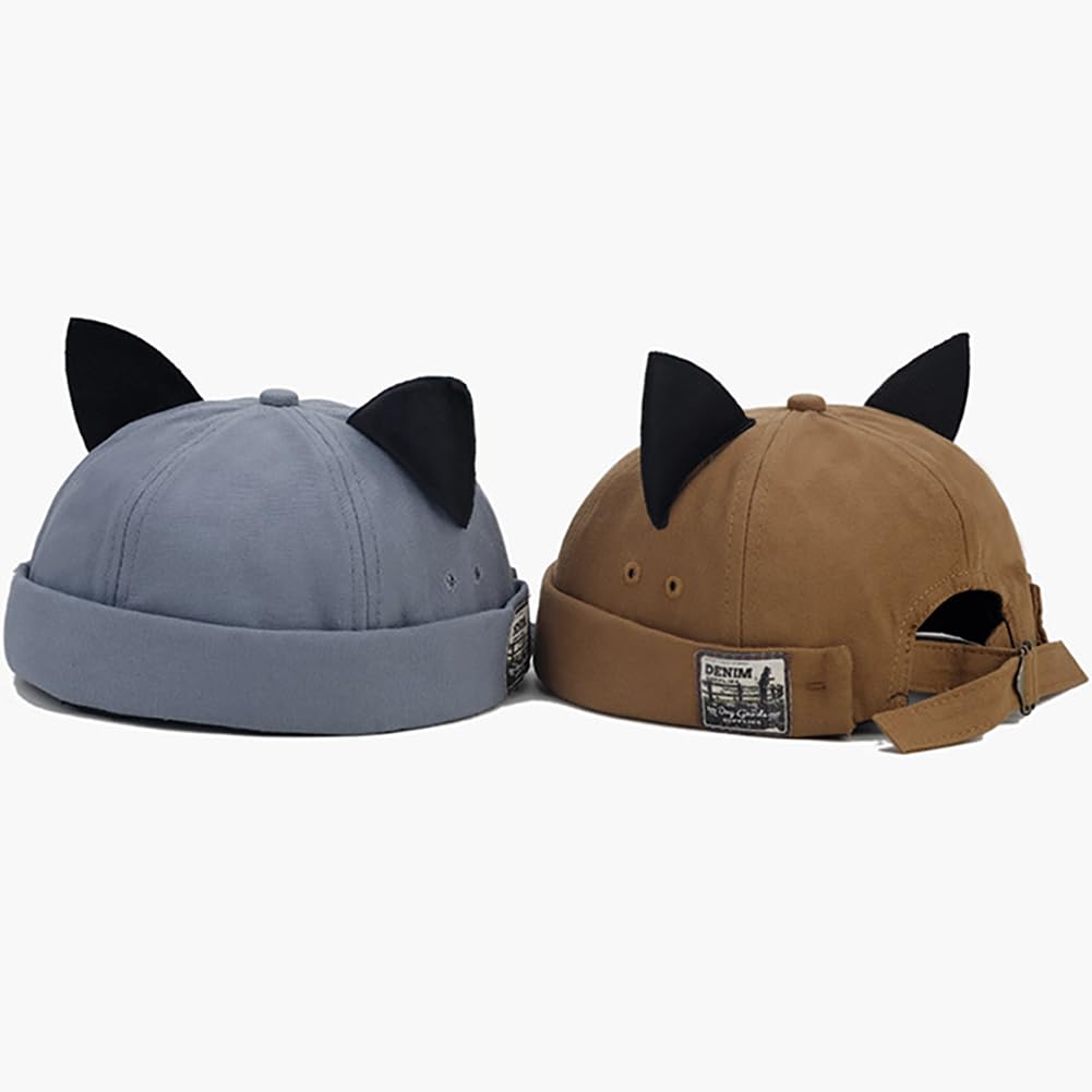 Malaxlx Khaki Cat Ear Docker Cap – Brimless Cotton Sailor Beanie Skull Cap for Women Men