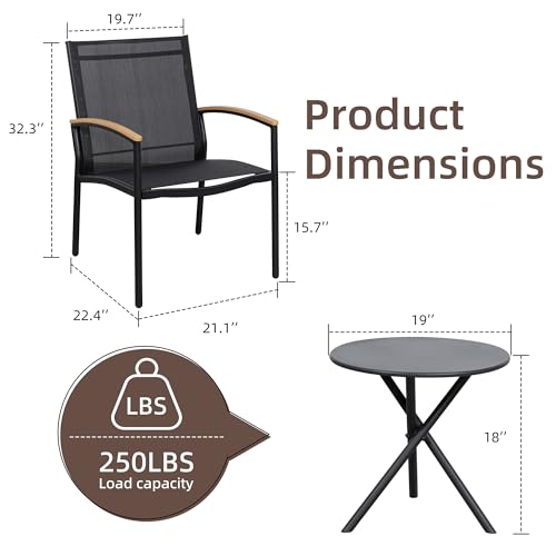 Shintenchi 3 Pieces Patio Bistro Sets, Outdoor Textilene Fabric Conversation Bistro Set, Textilene Fabric Front Porch Chai...