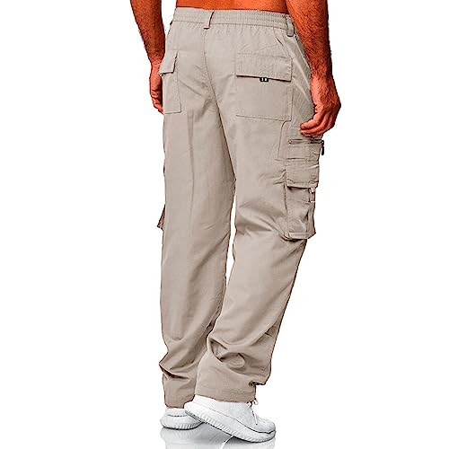 Cargo Pants for Men Outdoor Hiking Button Elastic Waisted Casual Pants Loose Baggy Straight Leg Breathable Athletic Trousers