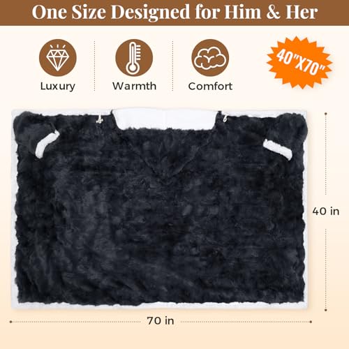 Wearable Heated Blanket Hoodie, Luxury Faux Fur & Sherpa Electric Throw Blanket, Heated Shawl Wraps Poncho with Pockets fo...