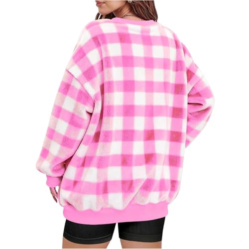 V Neck Sweatshirts For Women Oversized Flannel Long Sleeve Sweatshirt Fleece Tops Plaid Fuzzy Hoodies Fall Soft Blouse