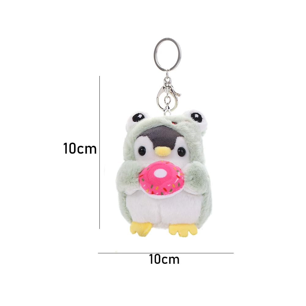 Pokinge 2 Pcs Penguin Keychain, Cute Plush Penguin Pendant Stuffed Animal Keyring Creative Penguin with Dog Frog Clothing Cartoon Donut Backpack Decor(Grey&Green)