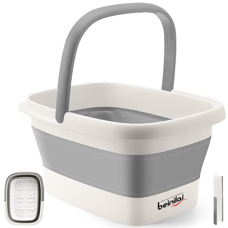 Collapsible Foot Bath Basin for Soaking Feet,Foot Soak Tub,Plastic Foot Bucket with Handles and Massage Acupoint,Foldable Laundry Basket-Gery-1 Pack