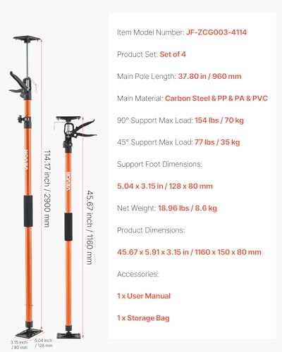 VEVOR Cabinet Jack Support Pole, 4-Pack, 45.7-114.2 Inch Steel Telescopic Quick Support Rod, Adjustable 3rd Hand System up...