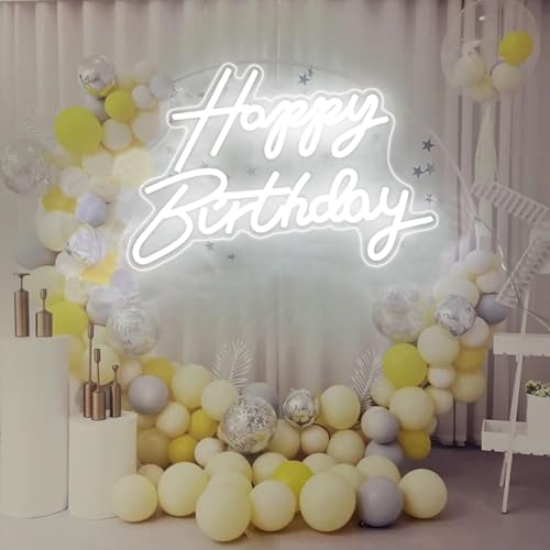 STRTT LED Neon Happy Birthday Sign Night Light Birthday Party Decorations White USB Operated Decorative for Backdrop Party...