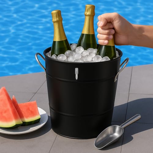 Insulated Ice Bucket with Lid Scoop Handle for Parties Cocktail Bar, 4L Round Mental Champagne Drink Wine Bucket for Drink...