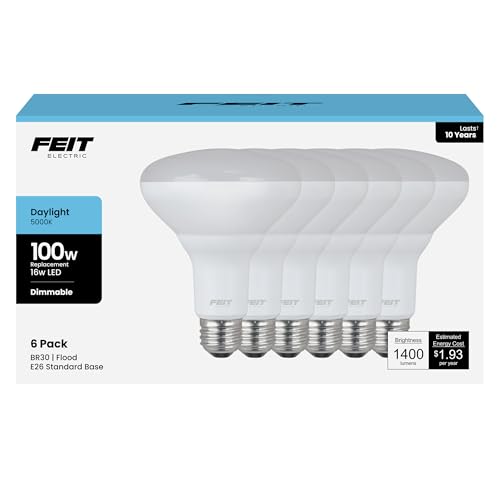 Feit Electric BR30 LED Light Bulbs, 100W Equivalent, Dimmable, E26 Standard Base, 80 CRI, 1400 Lumens, 5000K Daylight, 120V, 10 Years Lifetime, Damp Rated, 6 Pack, 100BR30DM85010KLED/6