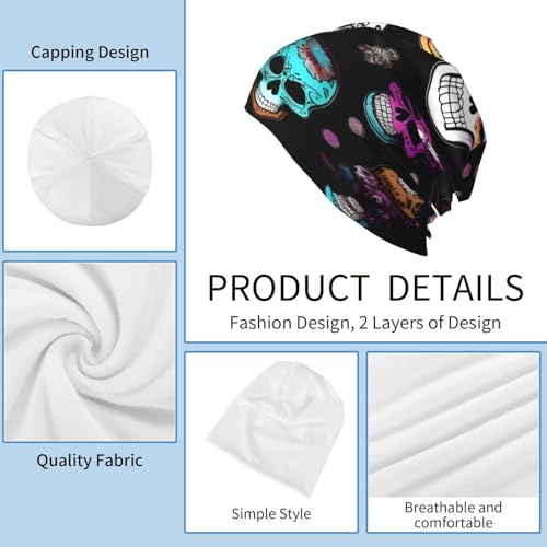 Sugar and Skulls Style Print Beanie Hat for Men and Women Stretchy Slouchy Winter Warm Cap Headwear Accessory Black