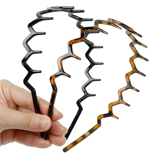 WOVOWOVO Zig Zag Headbands, 2PCS Plastic Wavy Hair Band with Teeth, Comb Headbands for Women and Men, Classic 90s Hairband...