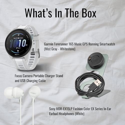 Garmin Forerunner 165 Music GPS Running Smartwatch (Mist Gray-Whitestone) Bundle with Focus Camera Charger Stand Smartwatc...