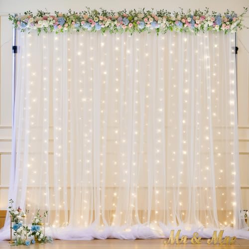 10ft x 8ft White Sheer Tulle Backdrop Curtains with Lights String Wedding Backdrop for Reception Ceremony Birthday Party B...