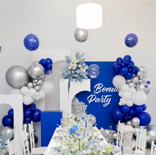 136pcs Blue White Silver Balloon Garland Kit - 18/12/10/5 Inch Royal Blue, Silver Confetti Balloon Arch for New Year, Grad...