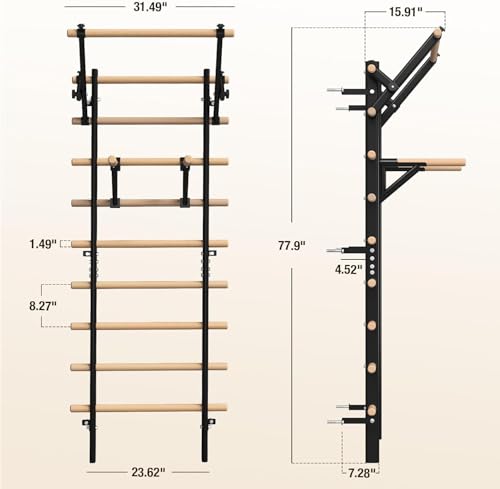 GMWD Swedish Ladder, Stall Bar, Suspension Trainer with Pull-Up Bar and Dip Bar Attachments, Wooden Stall Bar with 9 Strat...