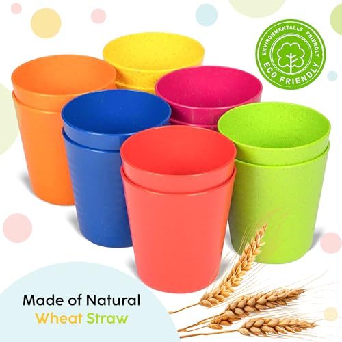 PLASKIDY Kids Cups Set of 12 Wheat Straw Toddlers Cups 8 Ounce BPA Free Children Drinking Cup Tumblers - Reusable Dishwasher Safe