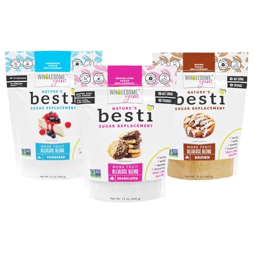 Wholesome Yum Besti Natural Sugar Substitute Multi Pack - Granulated Powdered Brown - Monk Fruit Sweetener Blend With Allulose (No Erythritol) - Keto Non GMO Zero Calorie Zero Carb (12 oz 3-Pack)