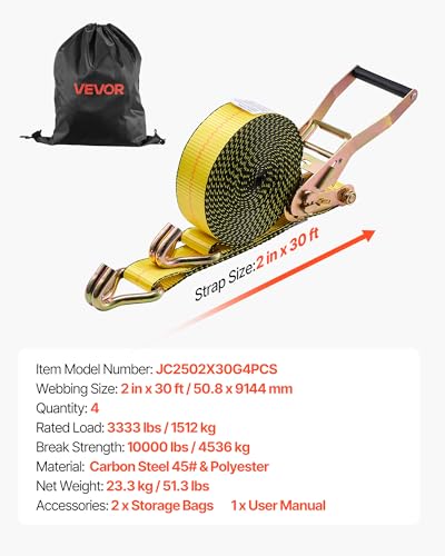 VEVOR Ratchet Straps, 2 in x 30 ft, Heavy Duty Tie Down Straps with Double J Hook, 10,000 lbs Break Strength, Carry Bag, T...