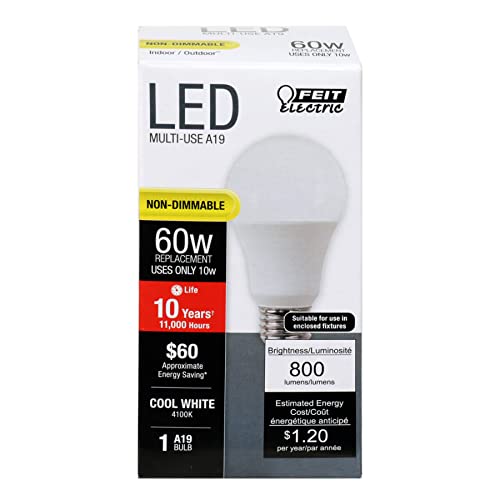 Feit Electric A19 Led Light Bulbs, 60W Equivalent, 800 Lumens, Non-Dimmable, 4100K Cool White, 1 Pack, Model A800/841