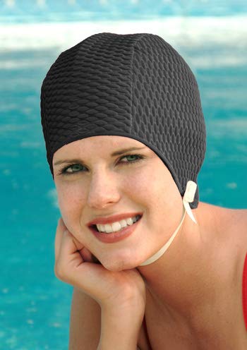 Bathing Caps for Women: Waffle Weave Chin Strap Swim Cap Black