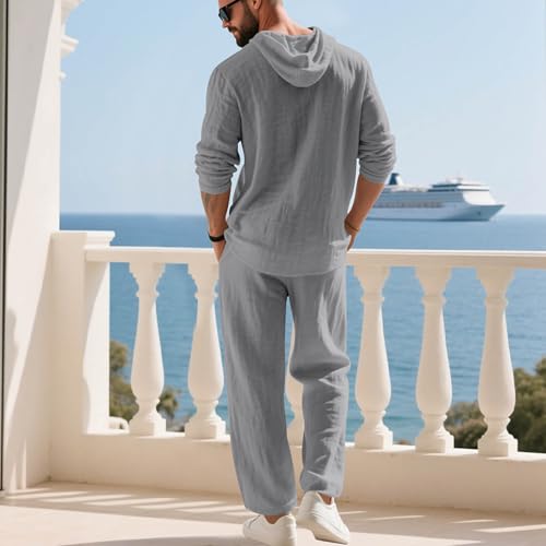 Men's Hooded Casual Loose Top & Pants 2-Piece Set Linen Suit Long Sleeve Hoodie and Sweatpants Summer Outfits Beach Sets